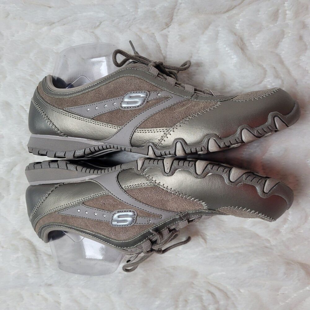 Skechers Lace Up Comfort Sneakers 22018 Leather Low Top Rhinestones Taupe 10 - Picture 4 of 12